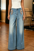 Women's Fashion Rhinestone Swirl Cutout Mid Rise Jeans