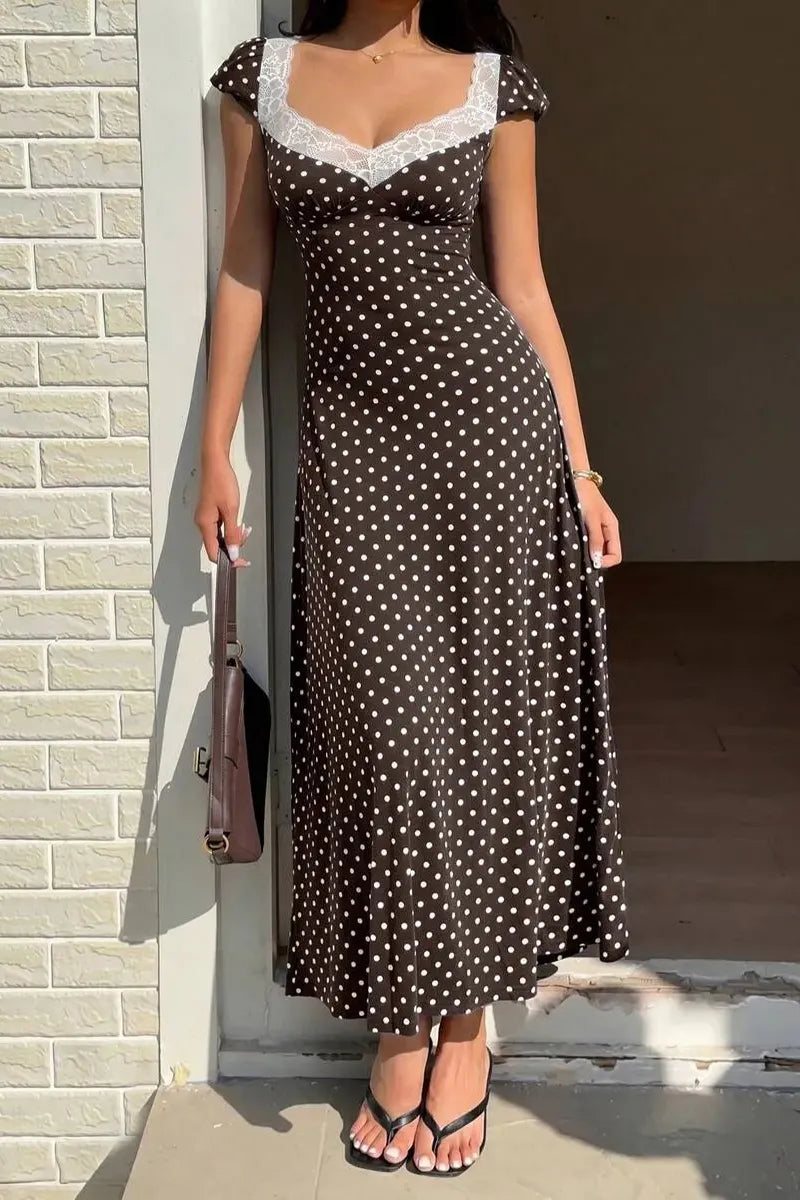 Women's Elegant Lace Patchwork Collar Polka Dot Dress