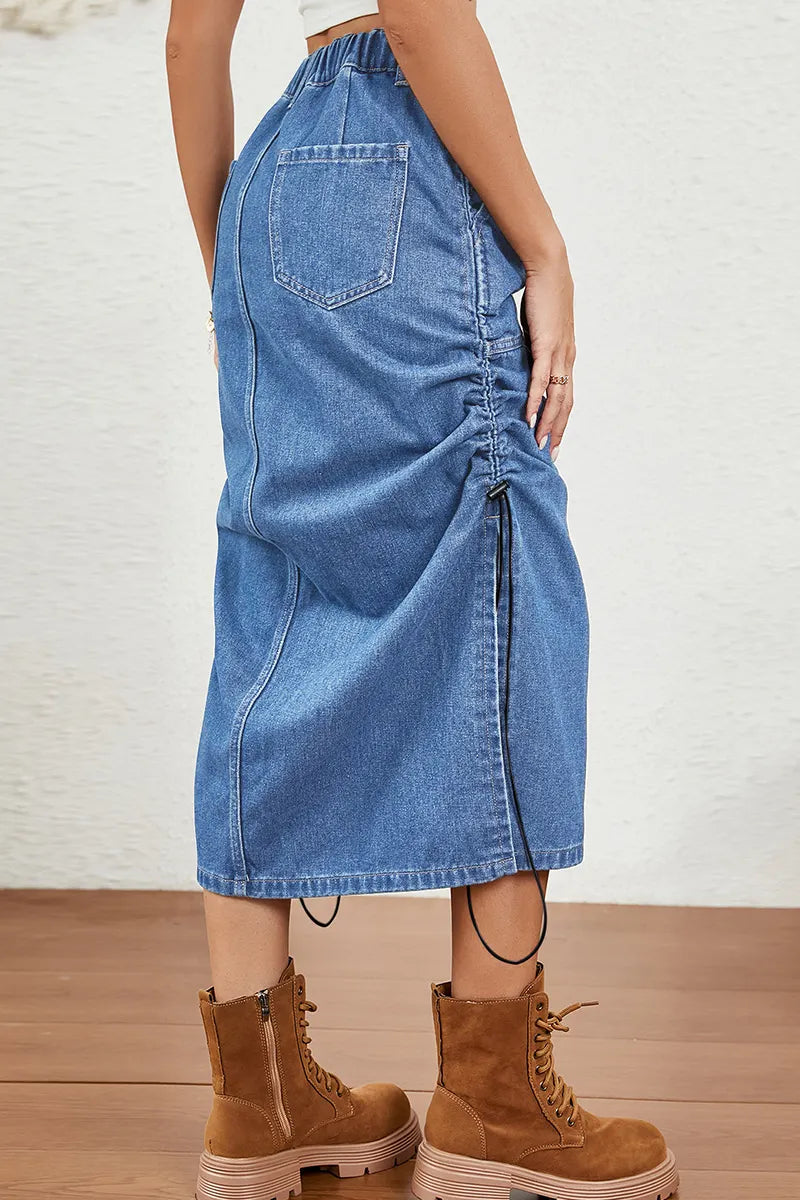Casual Side Drawstring Elastic Waist Washed Denim Skirt