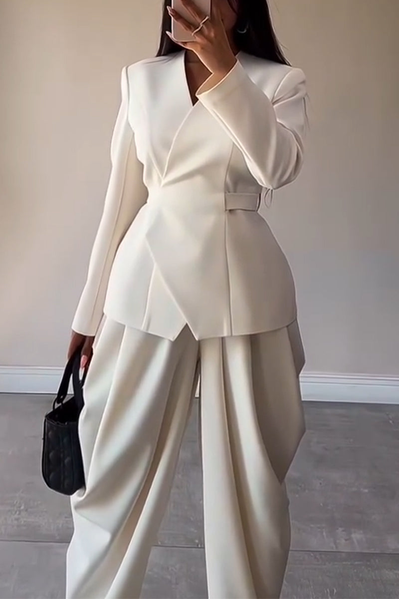 Women's V-neck Waist Cinched Jacket+ Pants Temperament Commuting Suit