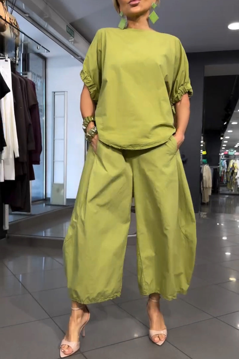 Women's Casual Loose High-Low Top Wide Leg Pants Two-Piece Set