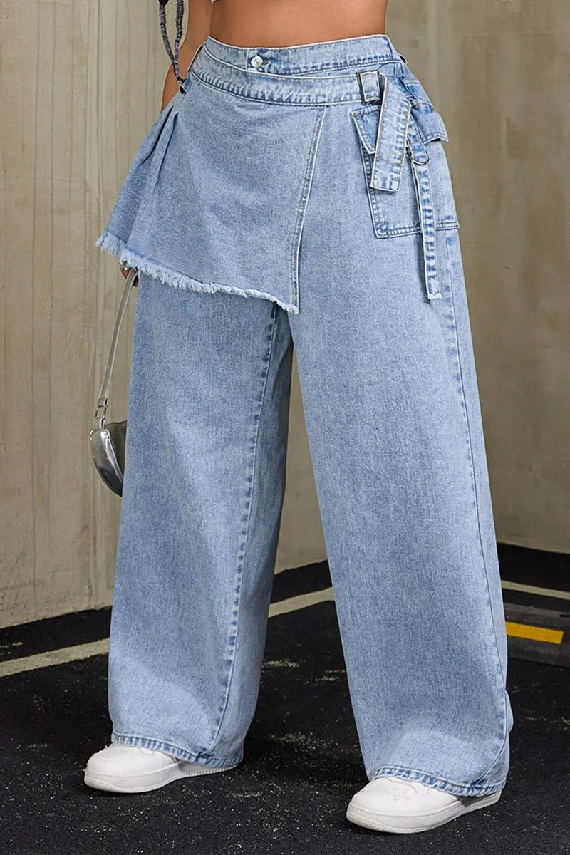 Women Light Wash Denim Skirt Overlay Asymmetrical Frayed Hem Wide Leg Jeans