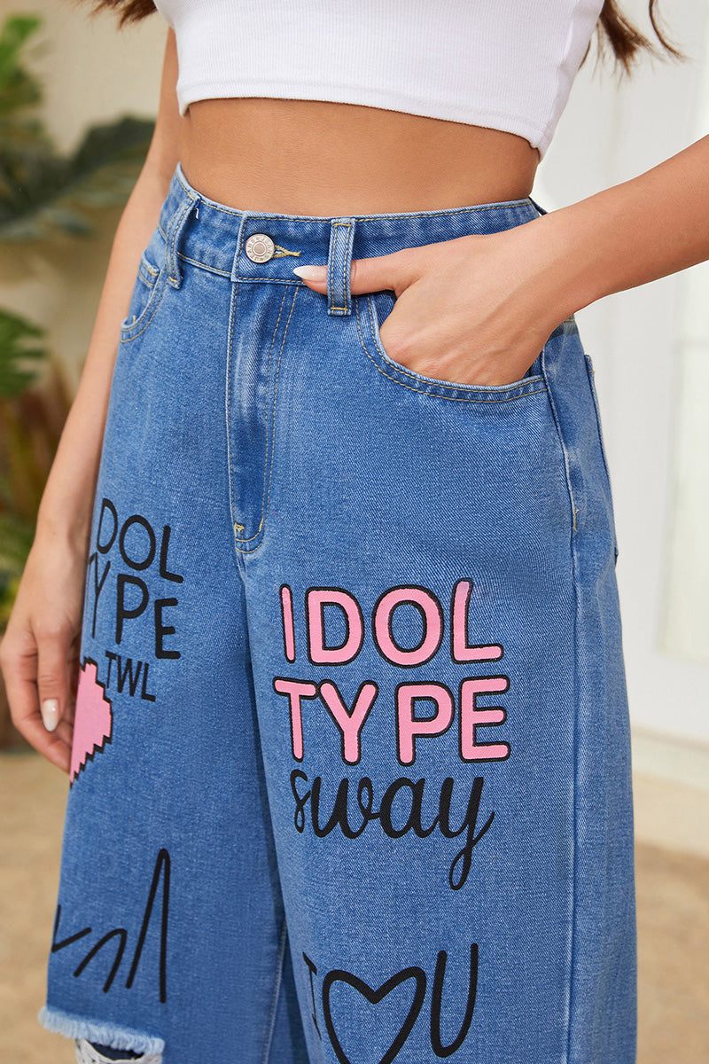 Women's Graffiti Art Distressed Raw Hem Jeans