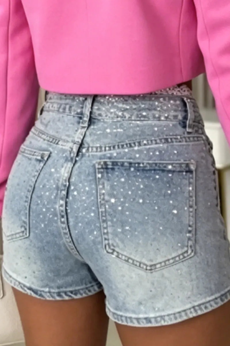 Women's Short Denim Shorts With Rhinestone Accents And Lace Waistband