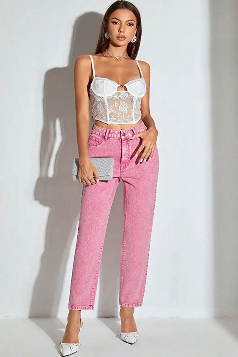 Women's Pink High-Waisted Straight-Leg Jeans