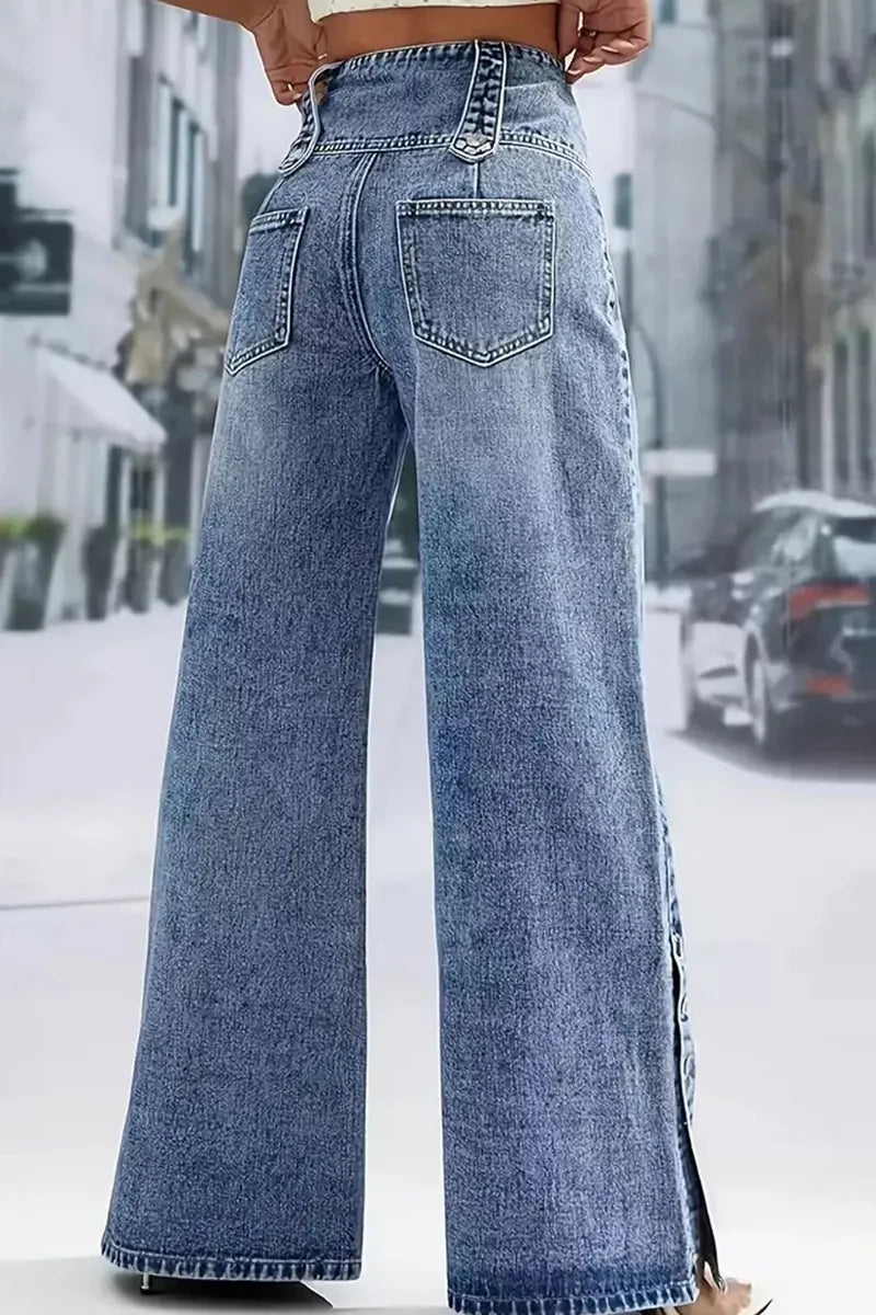Women's Casual Wide Leg Jeans With Button Slits