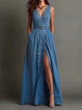 Women's Vacation Style Lace Trim V-neck Sleeveless Denim Dress
