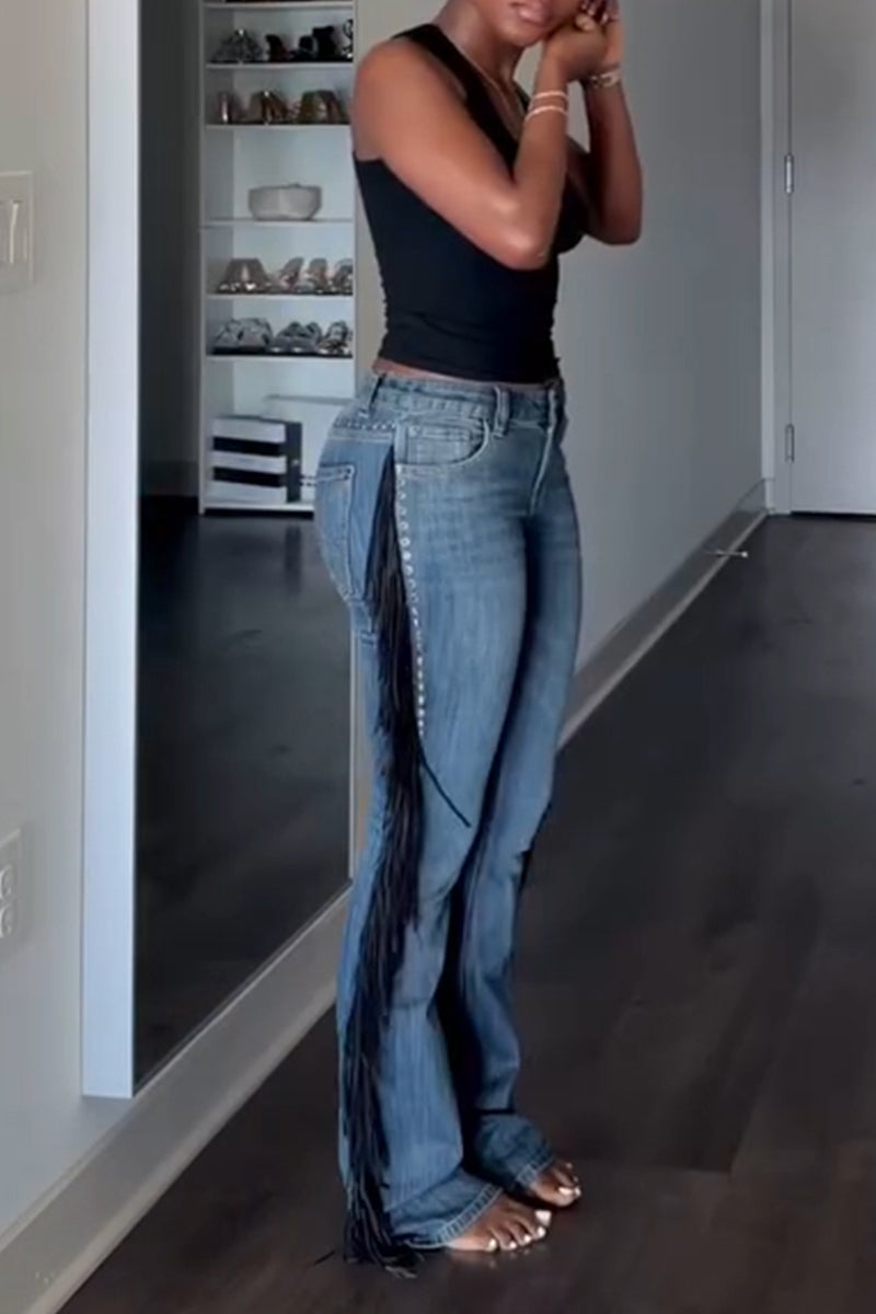Women's Casual Side Fringe Decoration Jeans