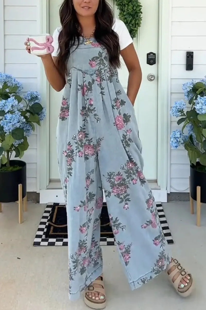 Women's Printed Casual Denim Jumpsuit