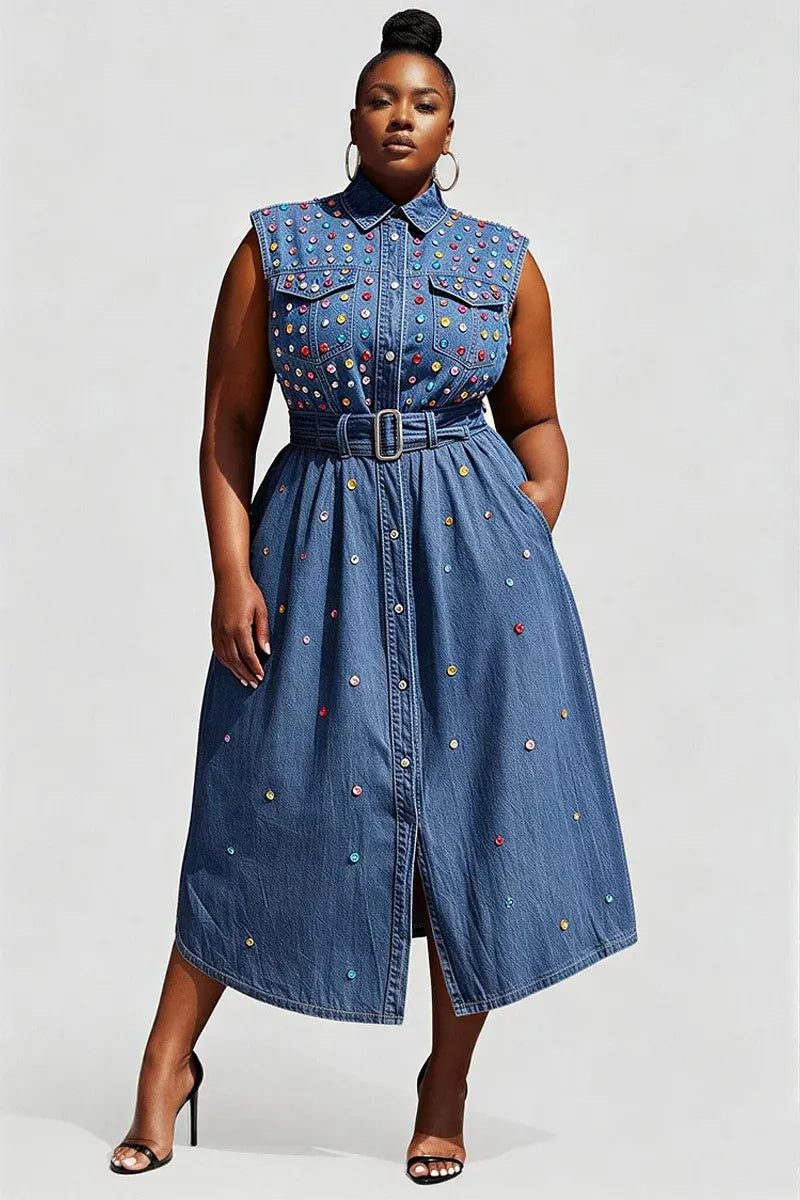 Ladies' Party Casual Blue Shirt Collar Perforated Pocket Denim Mid Length Dress