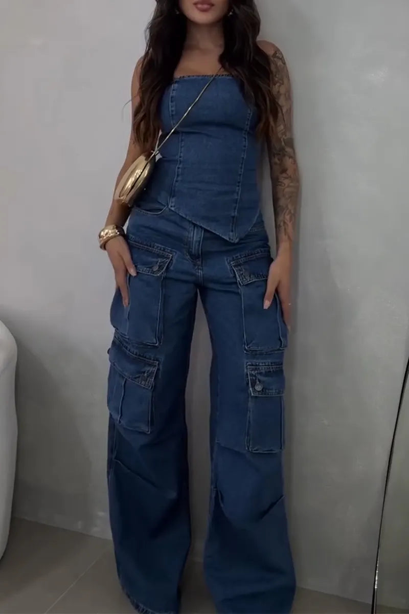 Women's Strapless Patchwork Irregular Denim Top + Patchwork Multi Pocket Jeans