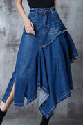 Women Vintage Wash Deconstructed Patchwork Hanky Hem Denim Skirt