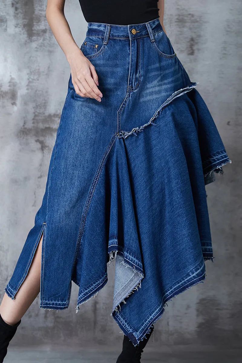 Women Vintage Wash Deconstructed Patchwork Hanky Hem Denim Skirt