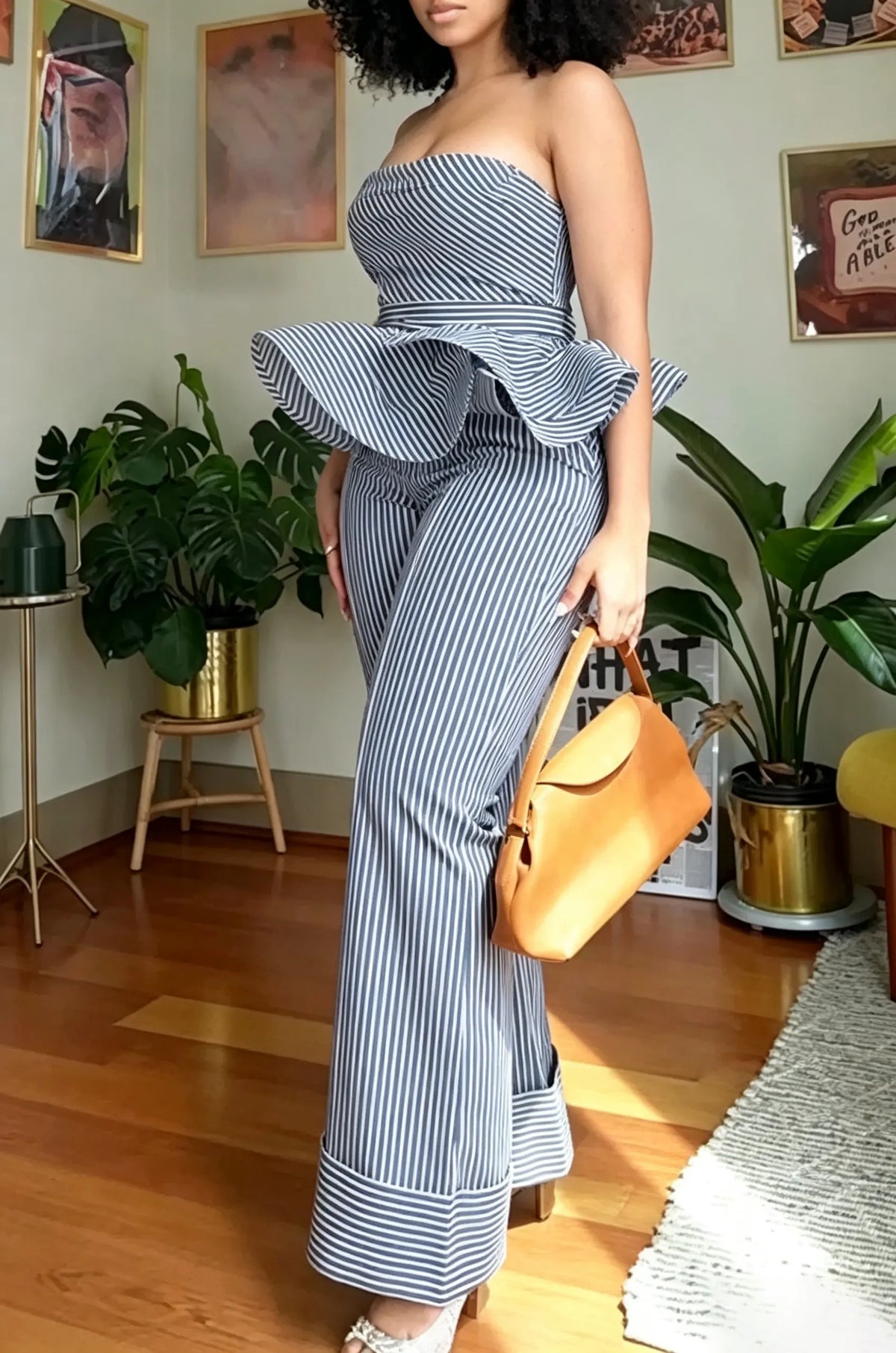 Women's Casual Ruffle Hem Strapless Top Wide Leg Stripe Pants Two-Piece Set
