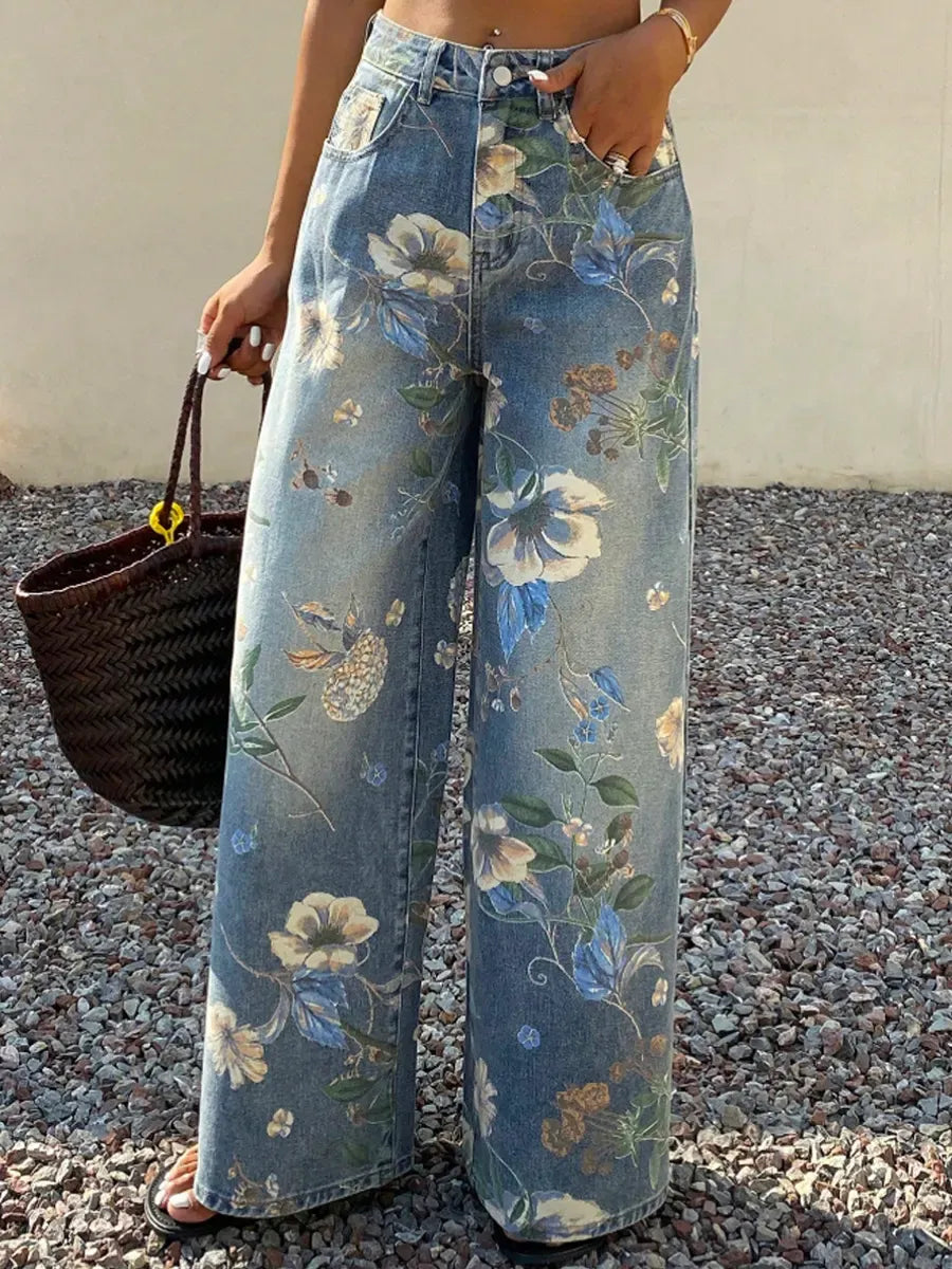 Women's Vintage Floral Pattern Art Print Casual Cotton Denim Jeans