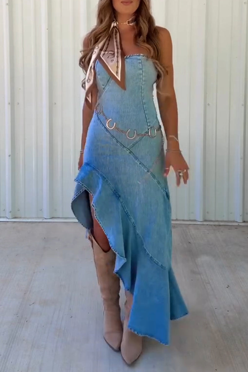Women's Fashion Strapless Asymmetric Ruffle Hem Denim Dress