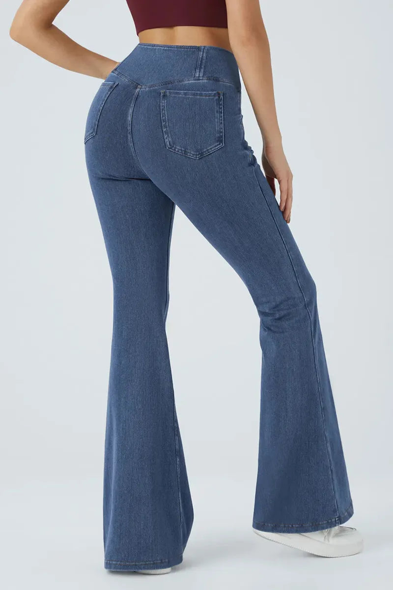 Women's High Waist Cross Over Flared Jeans With Elegant Draping