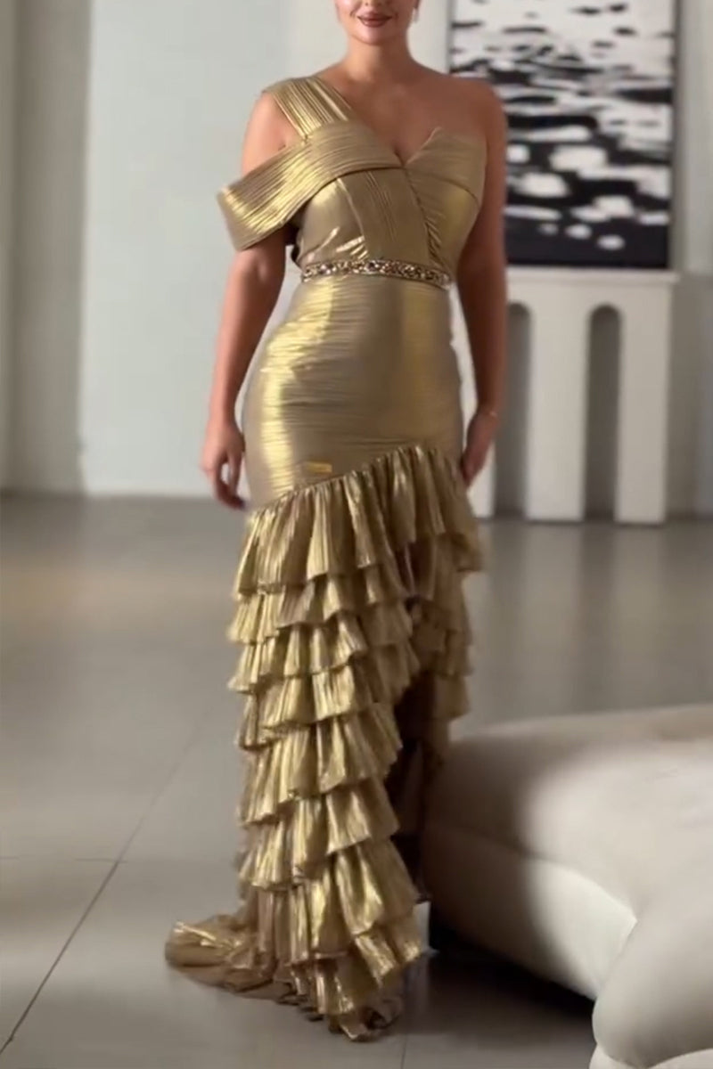 Women's Elegant One-Shoulder Sleeve Metallic Tiered Ruffle Hem Gown Dress