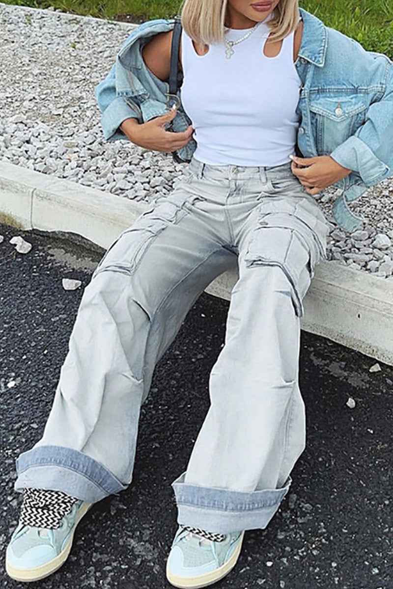 Vintage Multi Pocket Floor Length Cargo Jeans