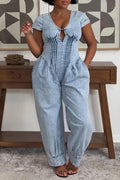 Women's Casual Waist Cinching Pleated Denim Jumpsuit