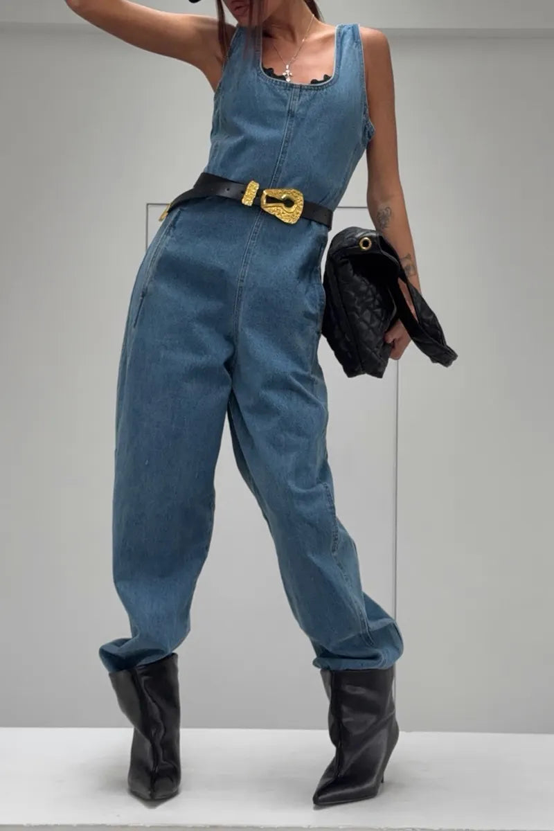 Women's Casual Denim Jumpsuit with Barrel Leg & Pockets