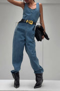 Women's Casual Denim Jumpsuit with Barrel Leg & Pockets