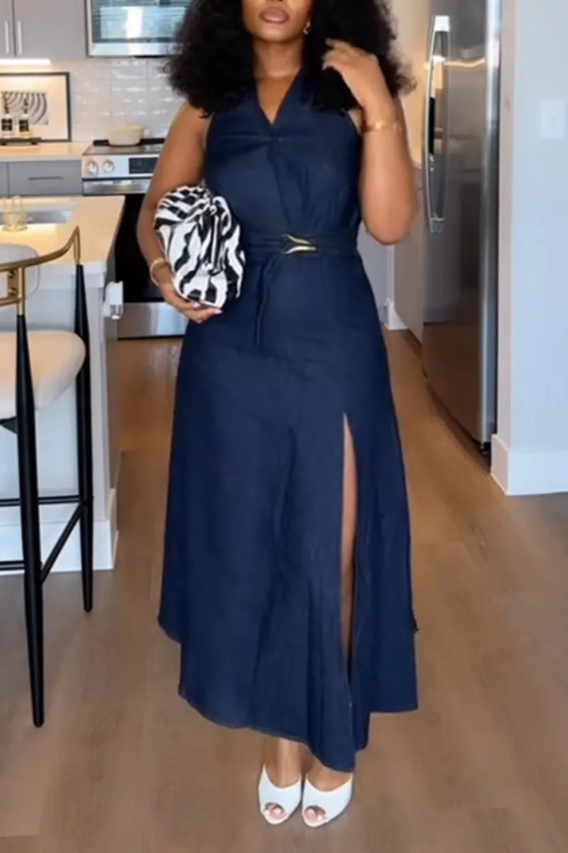 Women V-neck Sleeveless Side Slit Elegant Casual Denim Dress
