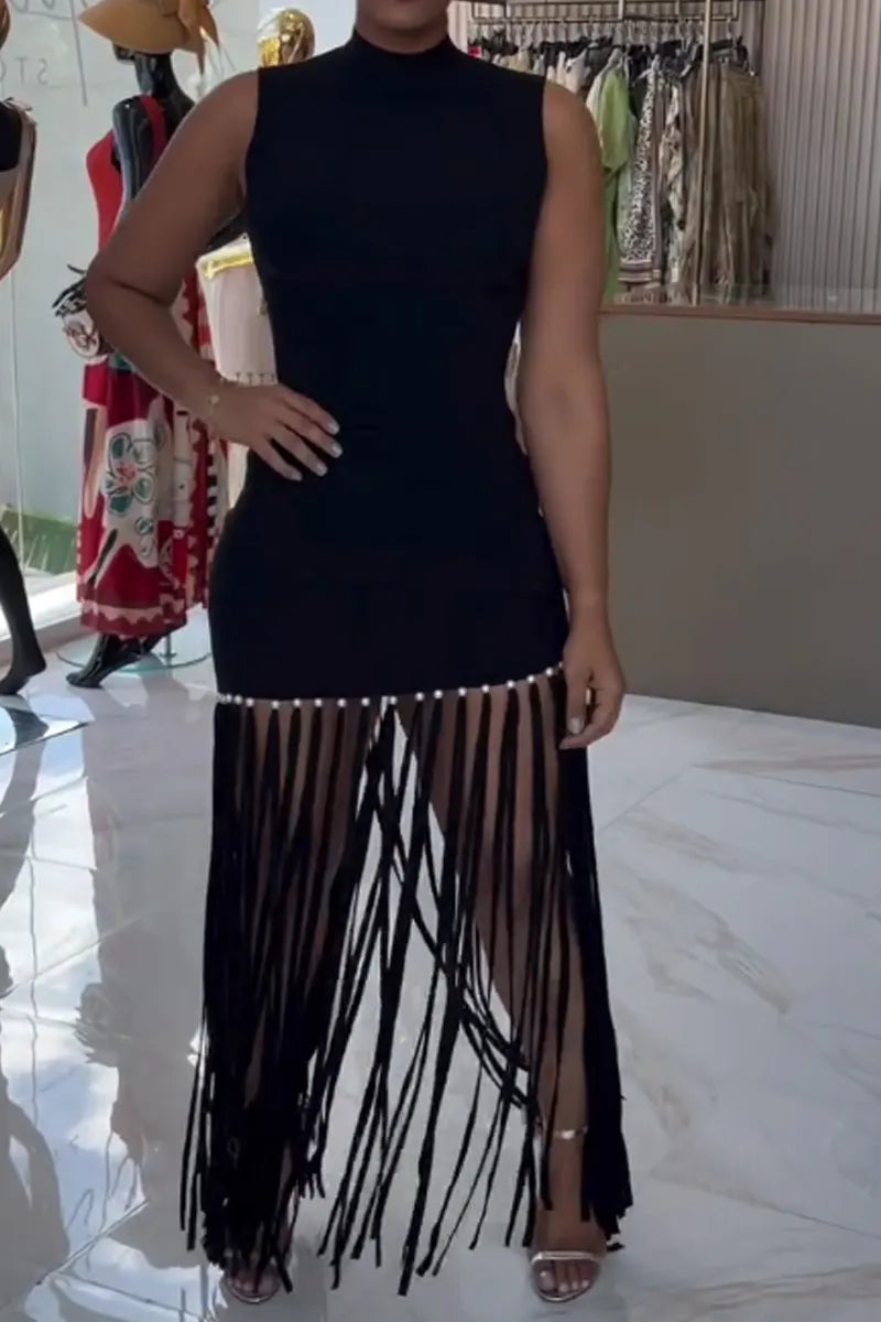 Women's High Neck Fringe Dress with Fitted Bodice and Pearl Accent