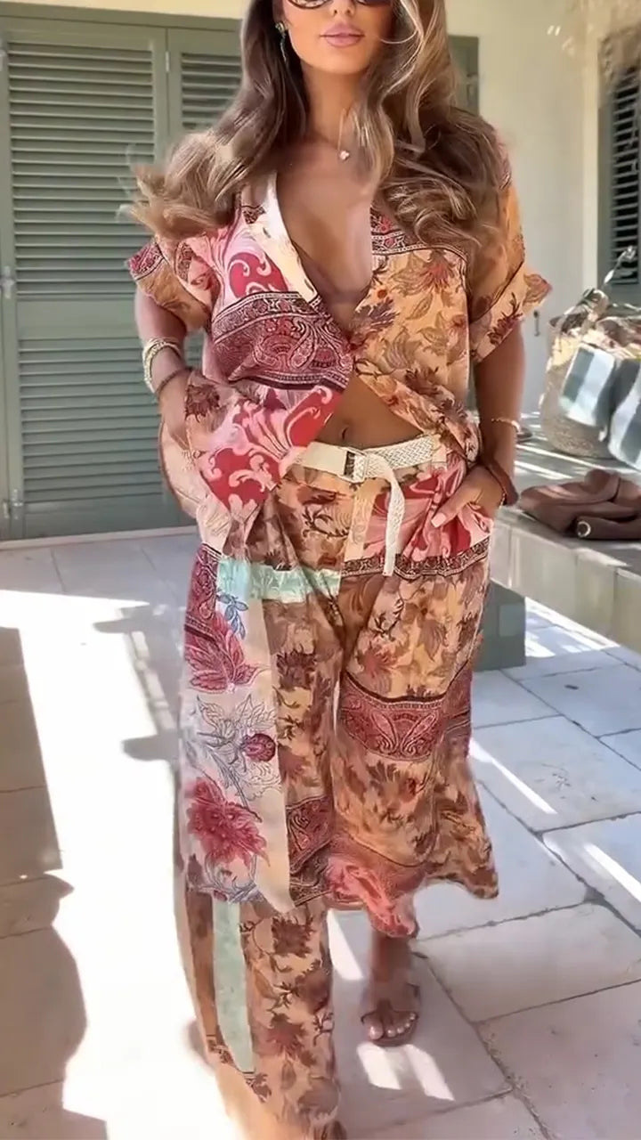 Women Collar Printed Shirt + Wide Leg Pants Loose Casual Suit
