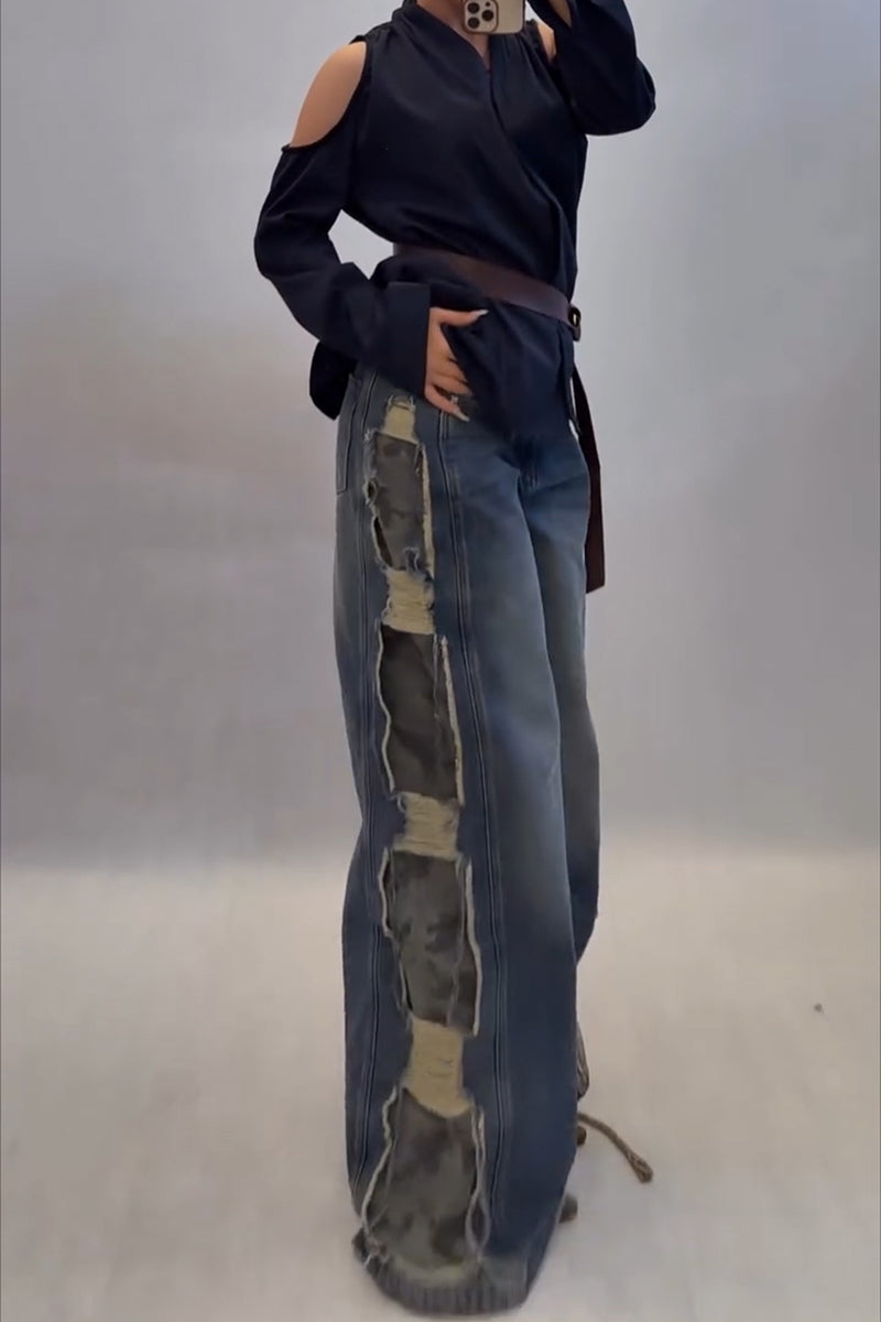 Women's Street Style Side Camo Patchwork Wide Leg Jeans
