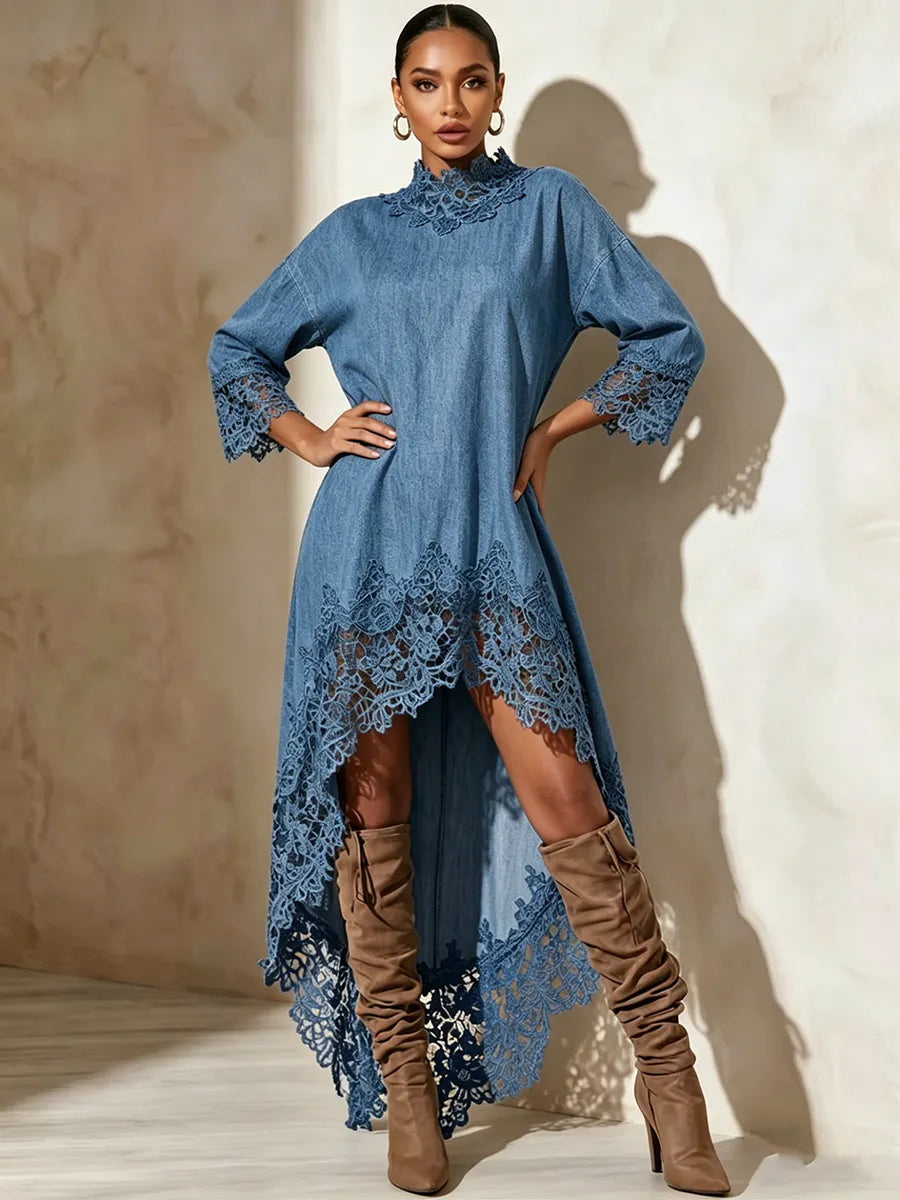 Vintage Lace Mock-neck Denim Maxi Dress