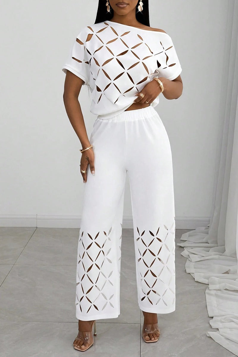 Women's Casual Burnout Pattern Cut-Out Top Pants Two-Piece Set