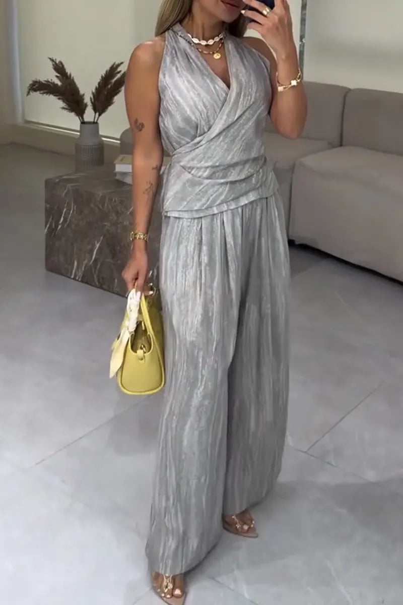 Women V-neck Strap Sleeveless Strap Top + Wide Leg Pants Casual Set