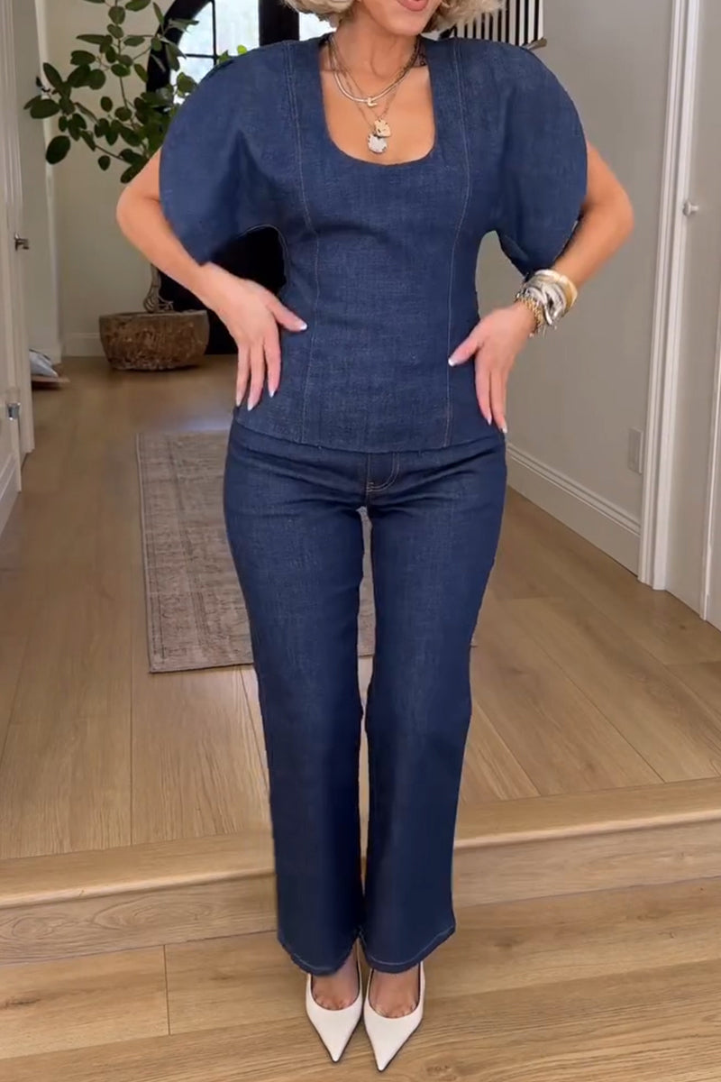 Women's Casual Curved Sleeve Denim Top or Ankle Jeans