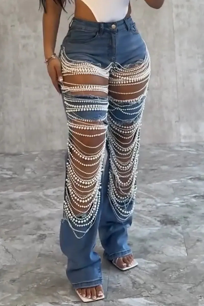 Women's Patchwork Pearl Chain Hollow Sexy Casual Jeans