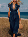 Women's V-neck Short-sleeve Casual Loose-fit Denim Wide-leg Jumpsuit