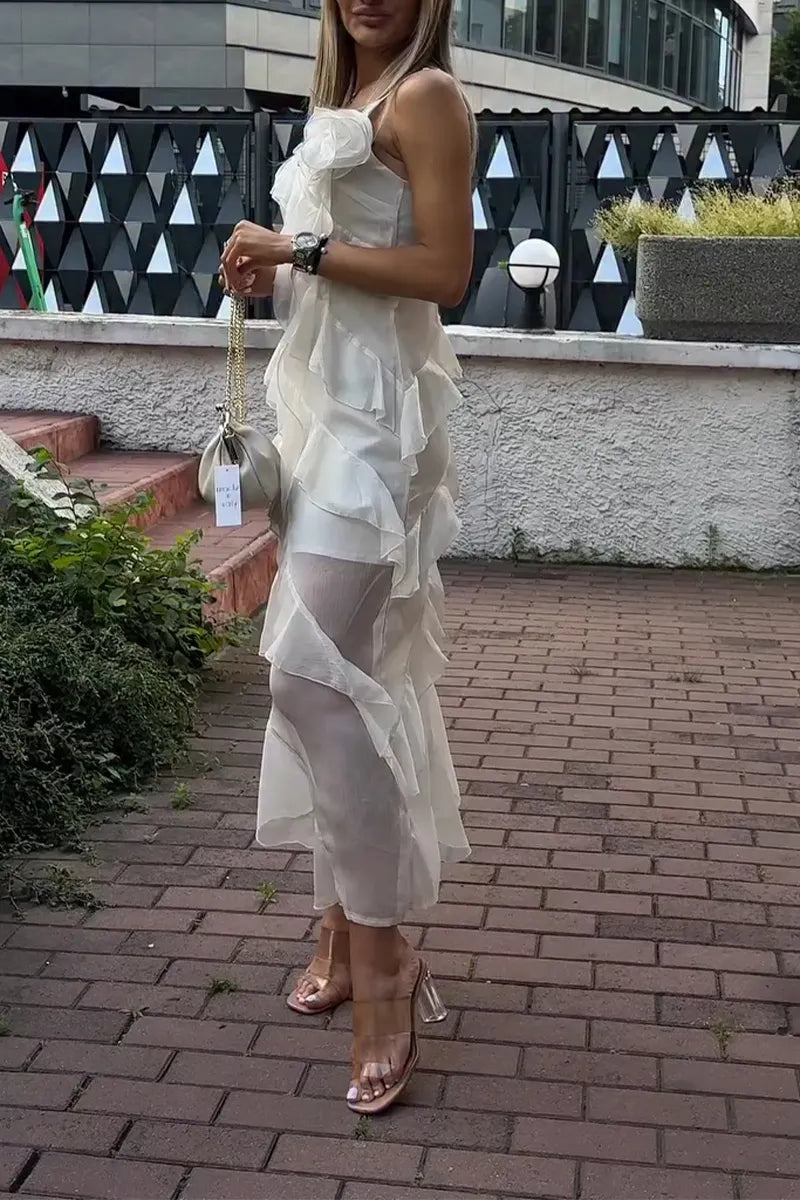 Women Suspender Patchwork Perspective Irregular Elegant Casual Dress