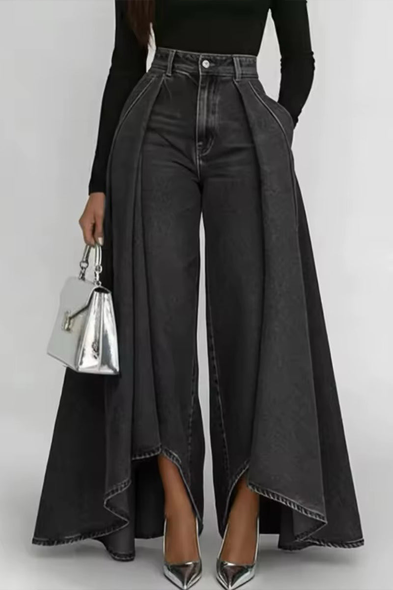 Women's Elegant Vintage Pleated High Low Hem Jeans