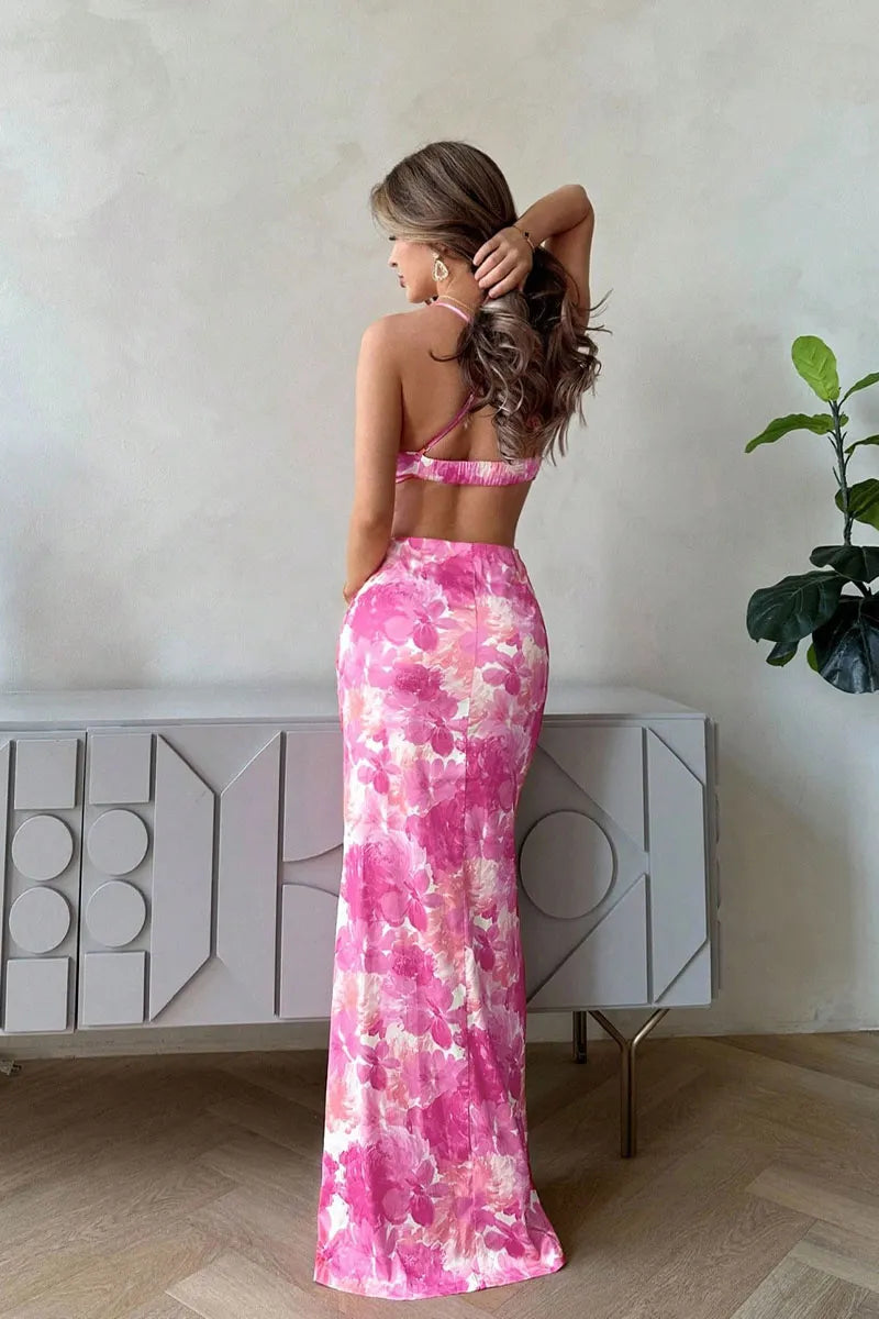 Floral Rendering Print Dress - Halter Neck Open Back Maxi Dress