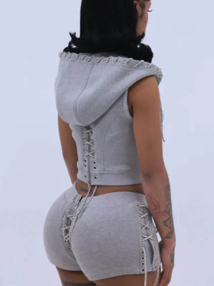 Womens Hooded Cross Drawstring Top+ Pants Casual Suit