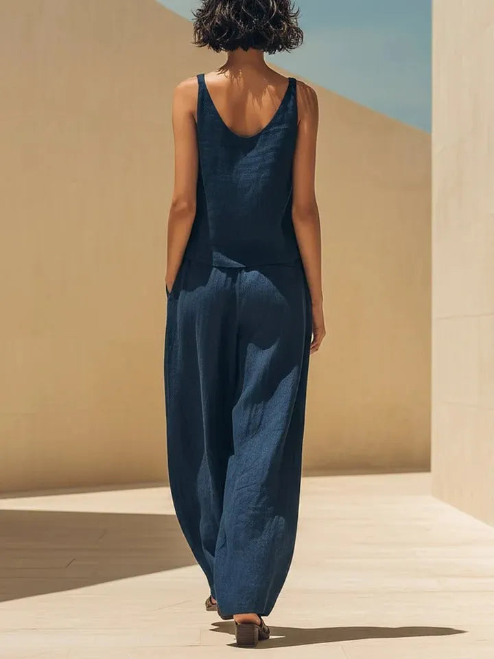 Navy Denim Two-Piece Set (Sleeveless Top + Wide-Leg Pants)