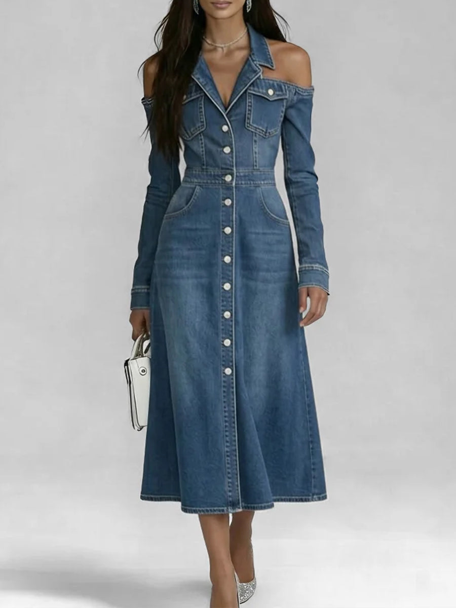 Stylish Off-shoulder Button-down Denim Dress