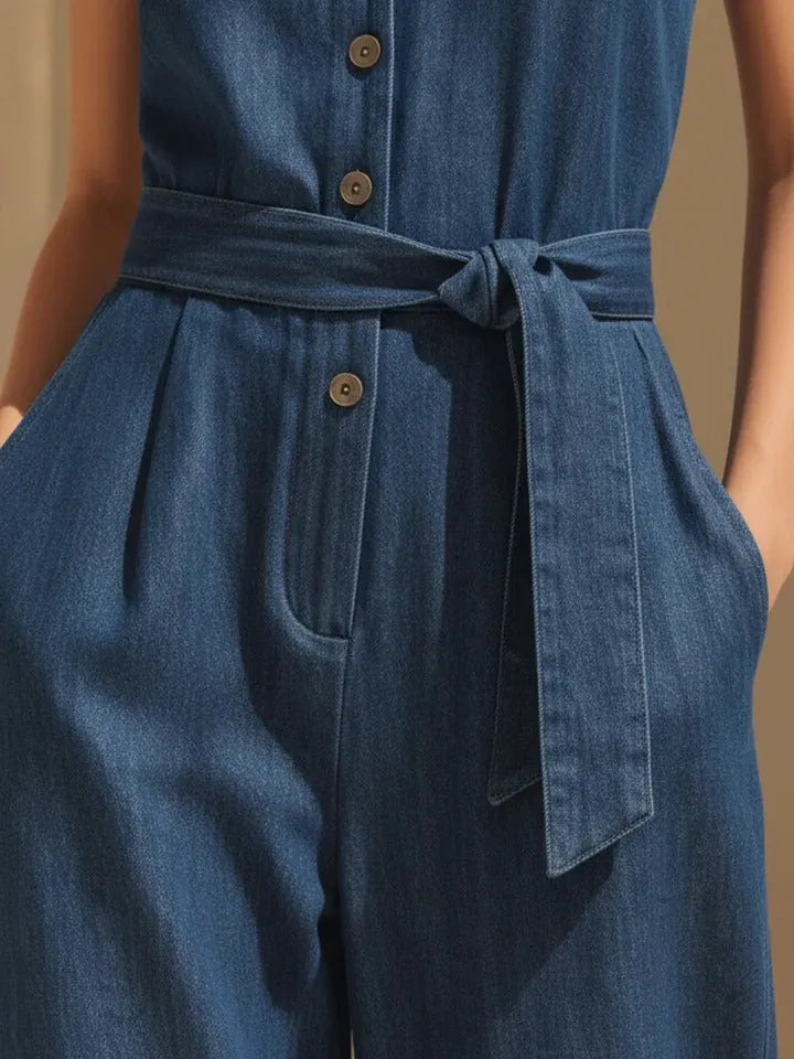 Navy Blue Tencel Denim Halter Neck Wide-Leg Jumpsuit