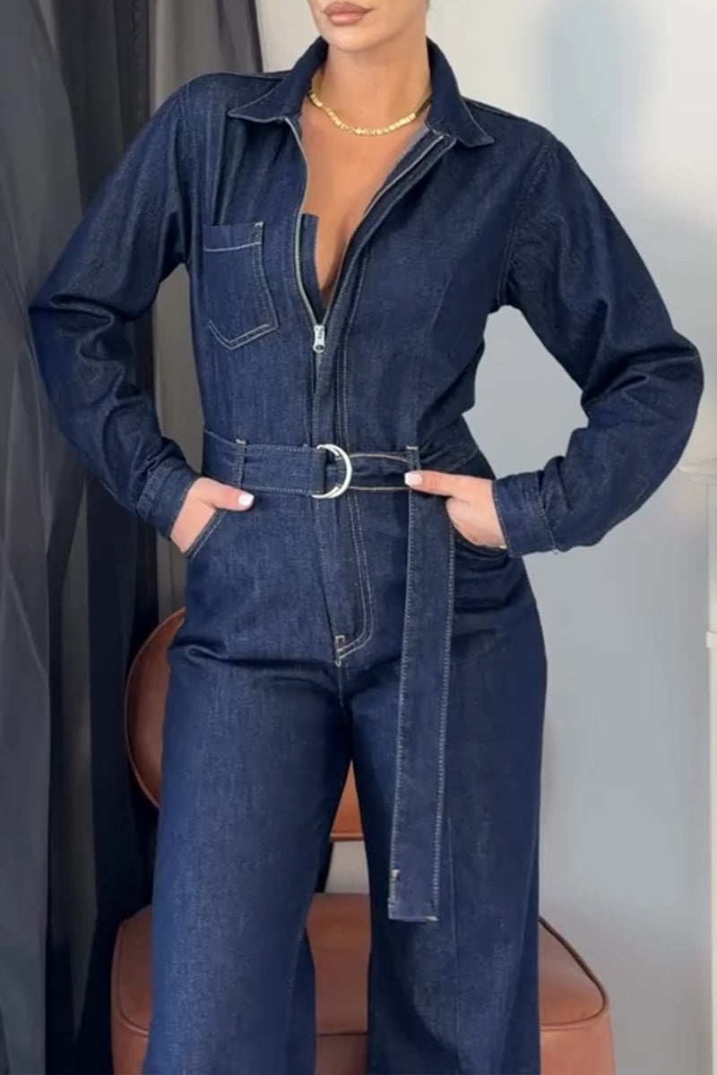 Women's Casual Versatile Long Sleeve Denim Jumpsuit with Belt