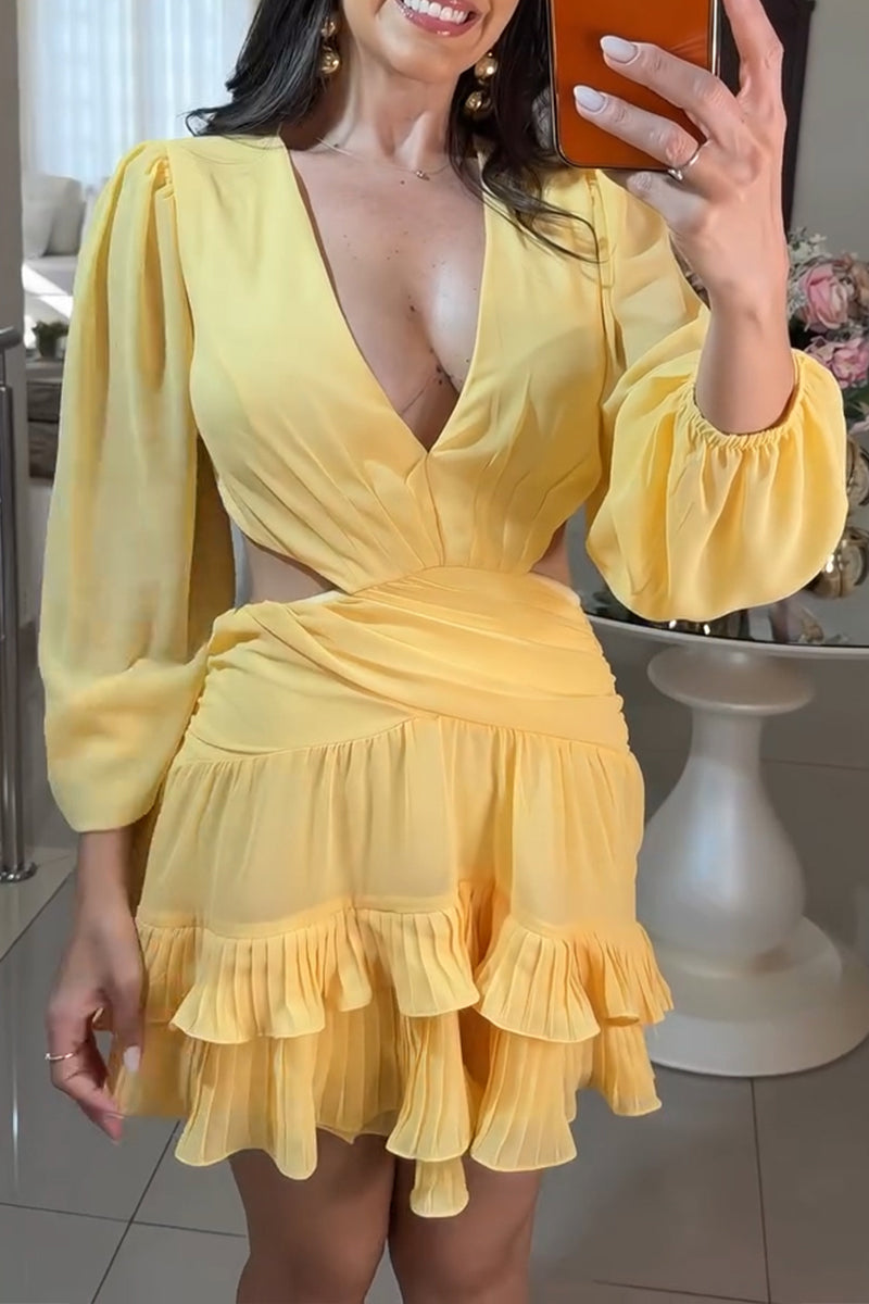 Women's Elegant Puff Sleeve Waist Cut-Out Tiered Hem Mini Dress
