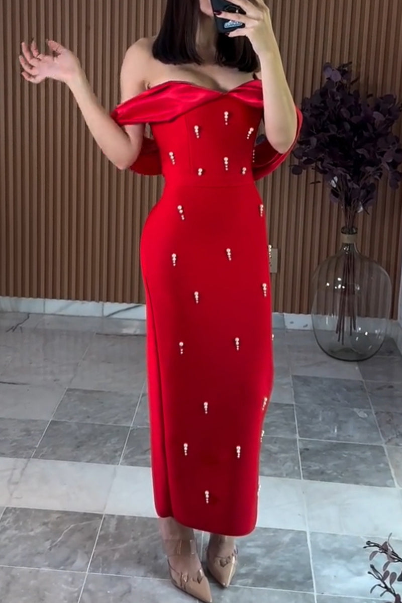 Women's Elegant Off Shoulder Beaded Strapless Maxi Dress