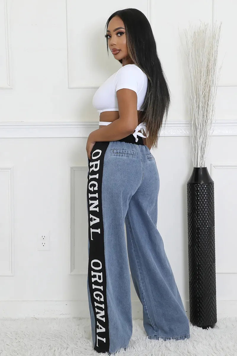 Women's Patchwork Webbing Wide-Leg Denim Jeans