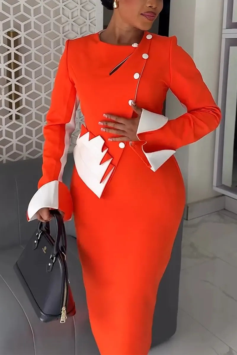 Women Round Neck Patchwork Elegant Temperament Formal Commuting Dress