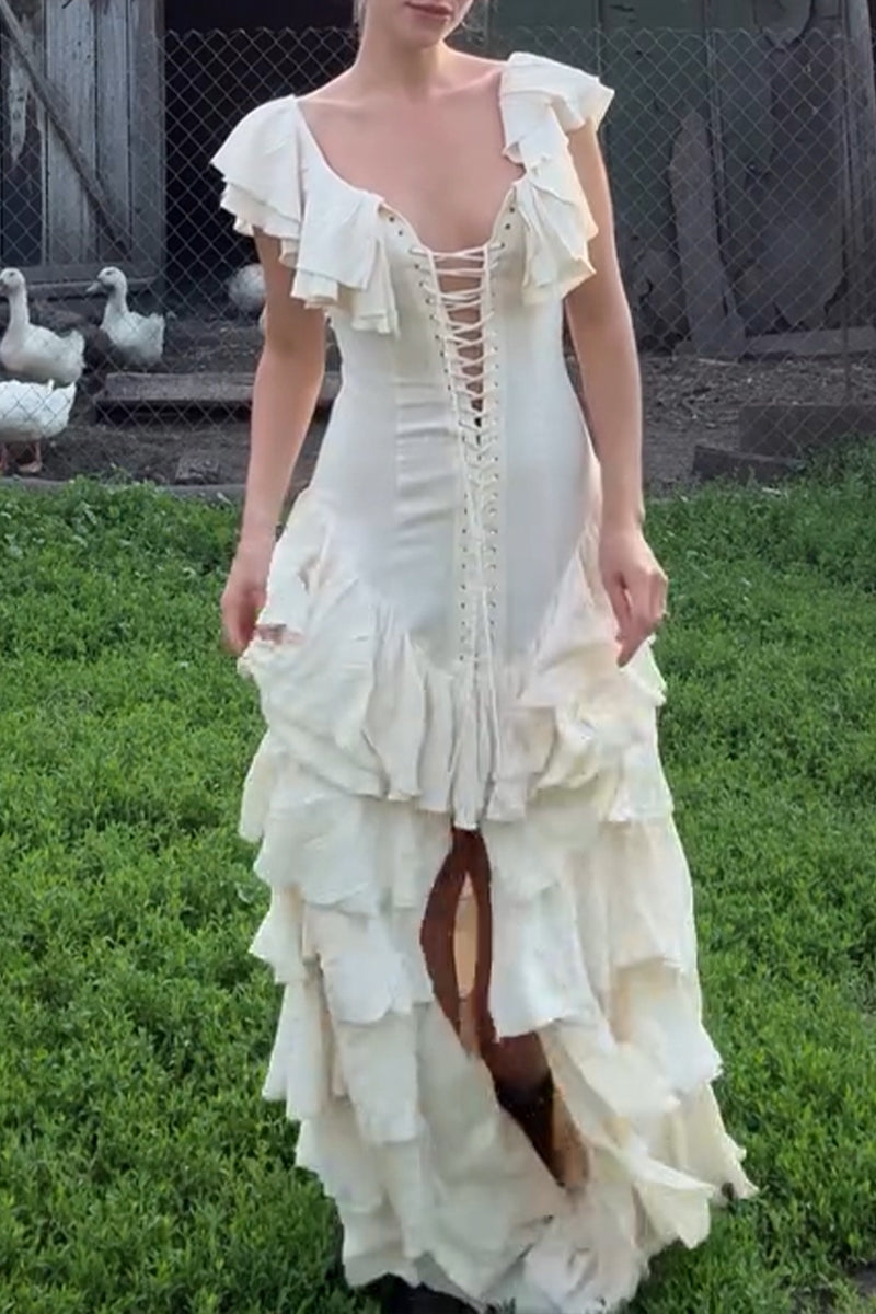 Women's Elegant Tiered Hem Lace-Up Maxi Dress