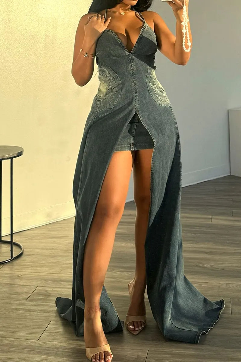 Women's Y2k Style Floor Length Denim Dress With A Bodycon Design